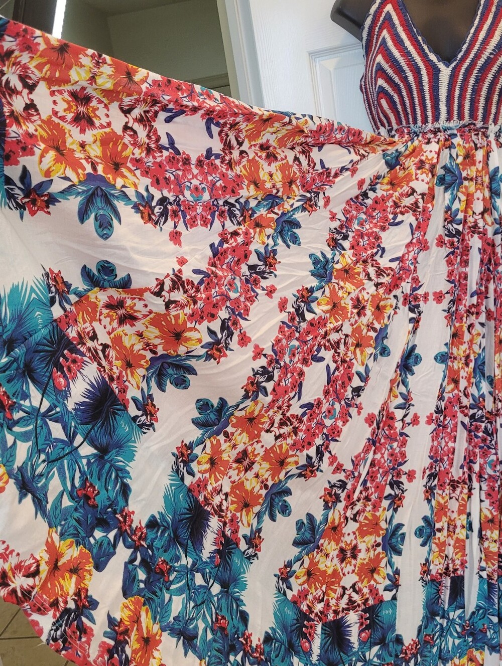 Crochet Bodice Strappy Back Multicolor Floral Huge Full Skirt Maxi Island Escape